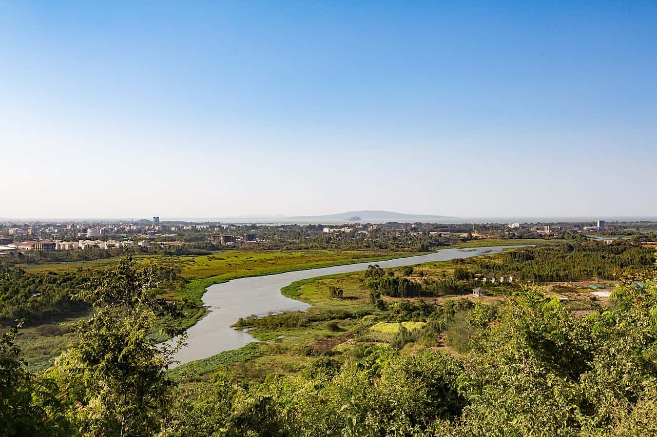 The Blue Nile winding past Bahir Dar, with Lake Tana and Dek Island on the horizon