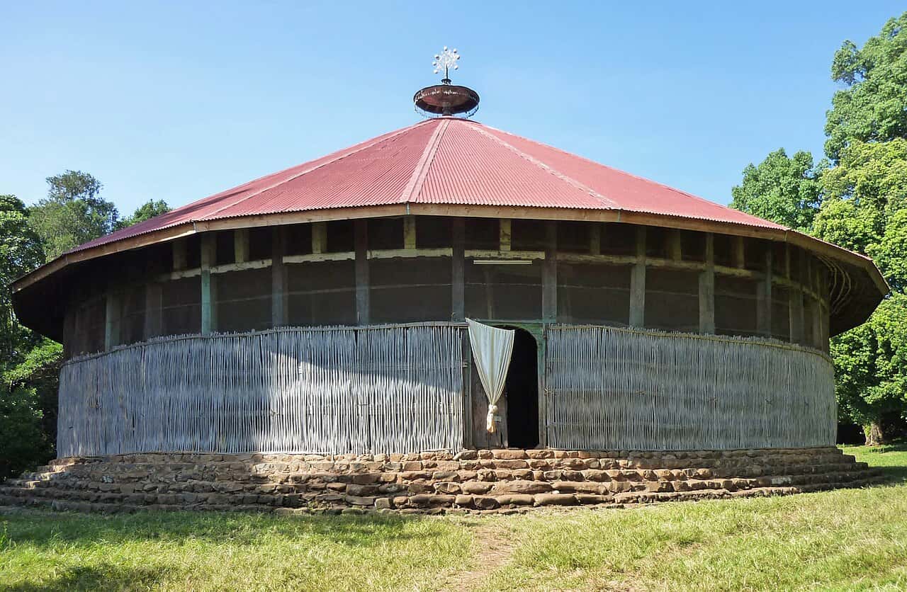The round, red-roofed church of Ura Kidane Mehret on the Zege Peninsula, Lake Tana