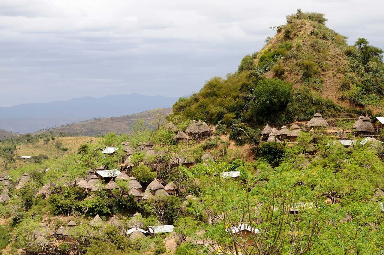 A traditional Konso hilltop settlement of thatched houses in the Konso Cultural Landscape